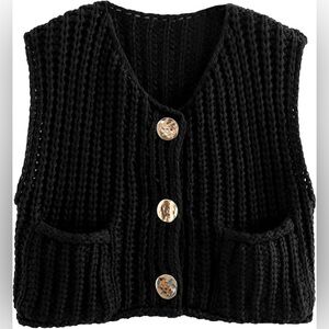 NEW Commense Chunky Knit Vest Sleeveless Gold Button Sweater Black sz Small